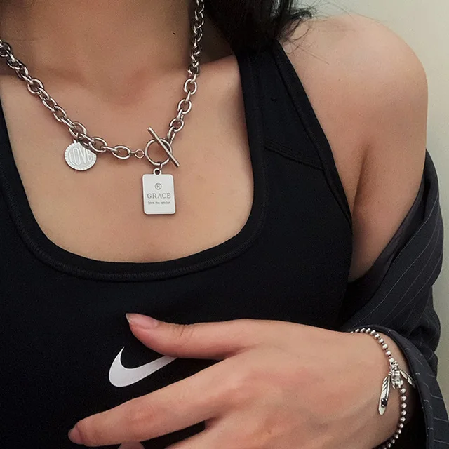 

hip hop Round Square Brand Combination LetterPendant Stainless Steel Necklace Chain Men and Women Clavicle OT Chain Harajuku