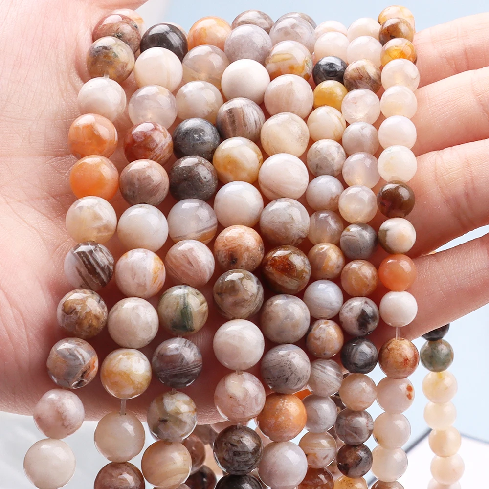 

Natural Gemstone Round Beads Loose Smooth Beads For Making DIY Bracelet Jewelry Natural Bamboo Leaf Agate Stone Beads