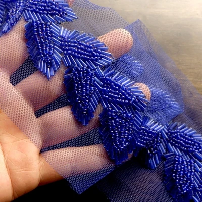 Blue 90cm long Расшитая бисером и блестками кружевная лента с листьями для шитья одежды, кружевная ткань для юбки, свадебное платье «сделай сам» на декольте, аксессуары - Цвет: Blue 90cm long