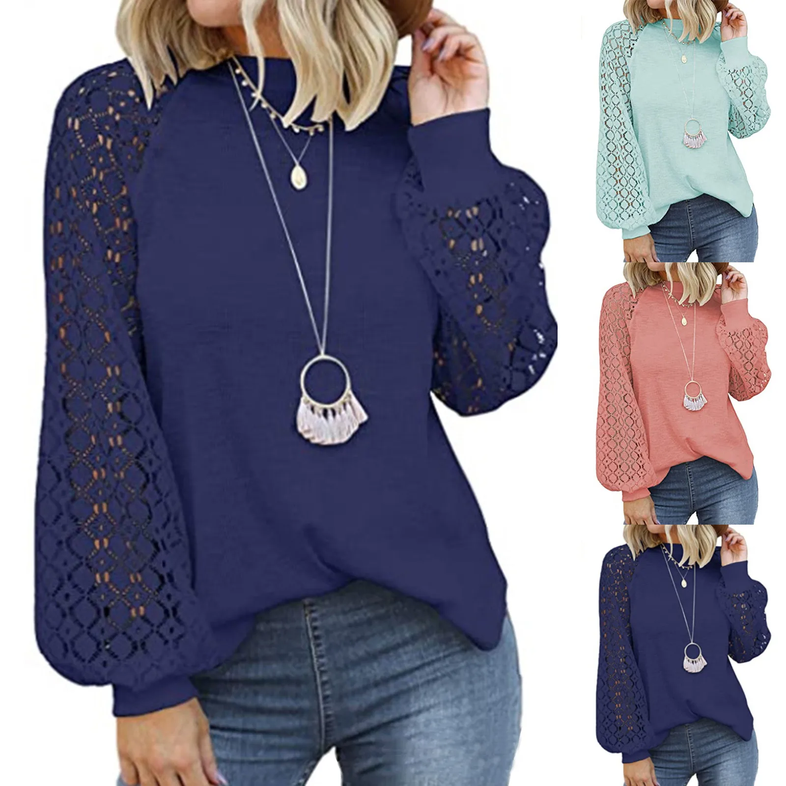 

Women Sexy Lace Stitching Top Shirts Winter New Solid Color O Neck Long-sleeved Loose Top Elegant Female Casual Streetwear Blusa