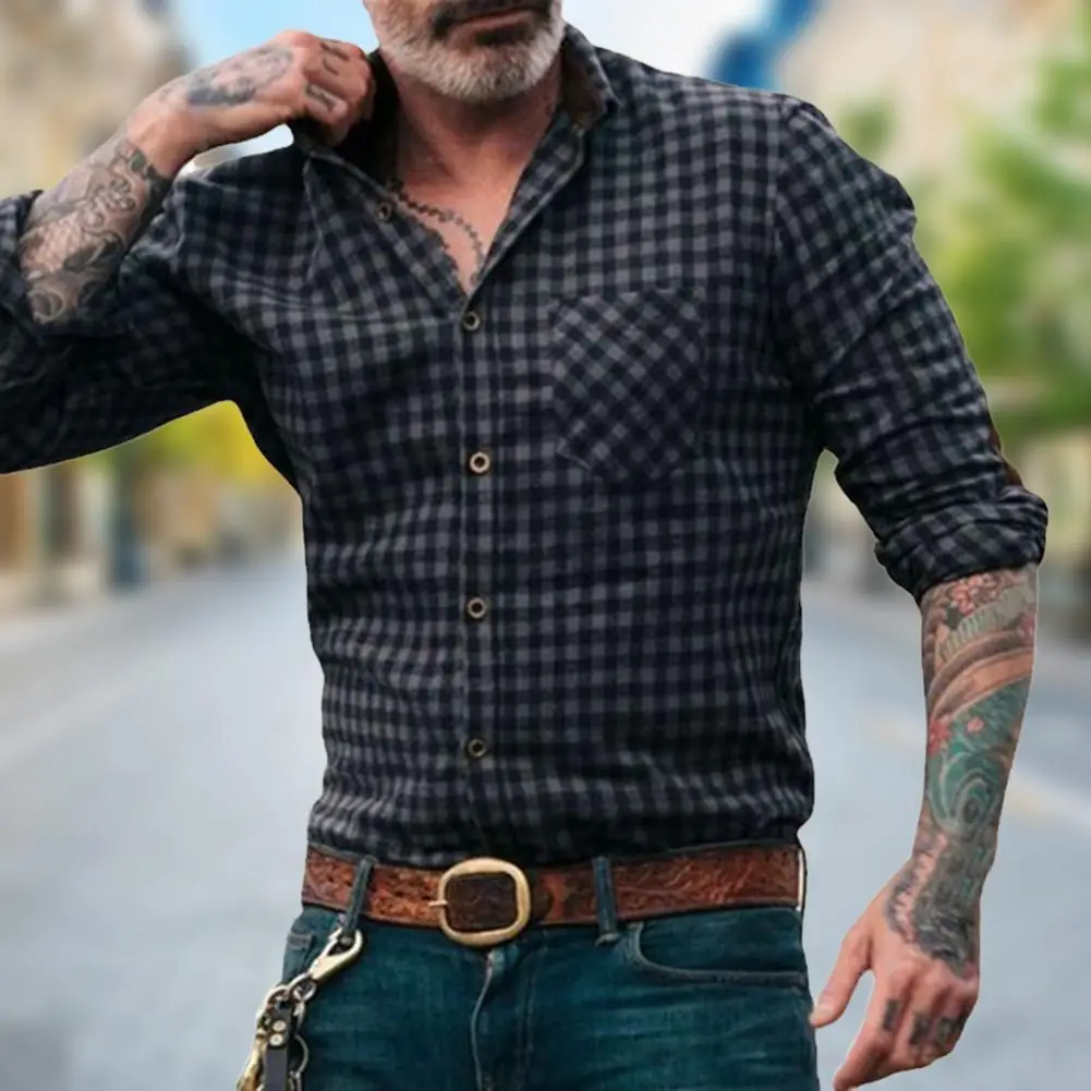 

Рубашка мужская с отложным воротником, деловая с принтом в клетку, длинный рукав, на пуговицах, одежда для мужчин