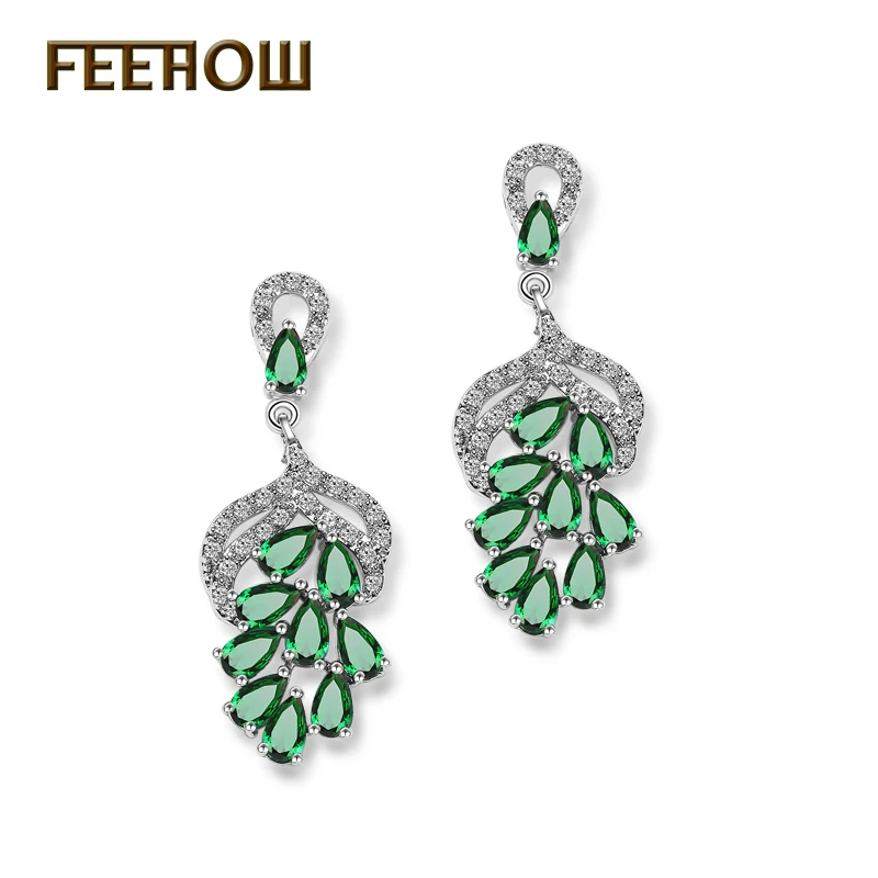 Green FEEHOW Новое поступление Мона Лиза белый цвет высокое качество кубический цирконий Висячие серьги для женщин Свадебная вечеринка ужин подарки FWEP042 - Окраска металла: Green