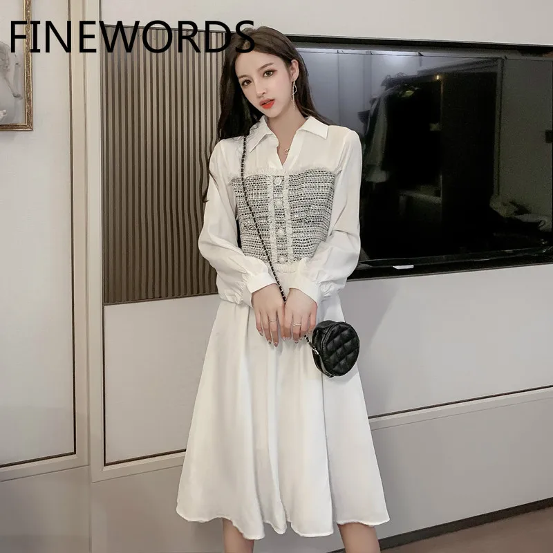 Осеннее Элегантное Белое Женское Платье рубашка FINEWORDS с лацканами корейское