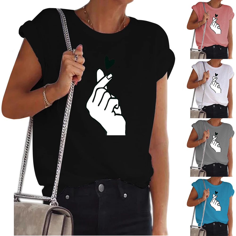 

Womens Summer Tops Make A Finger Heart Printed Tees Short Sleeve T Shirt Loose Oversize Basic Ladies Tee Aesthetic Clothing