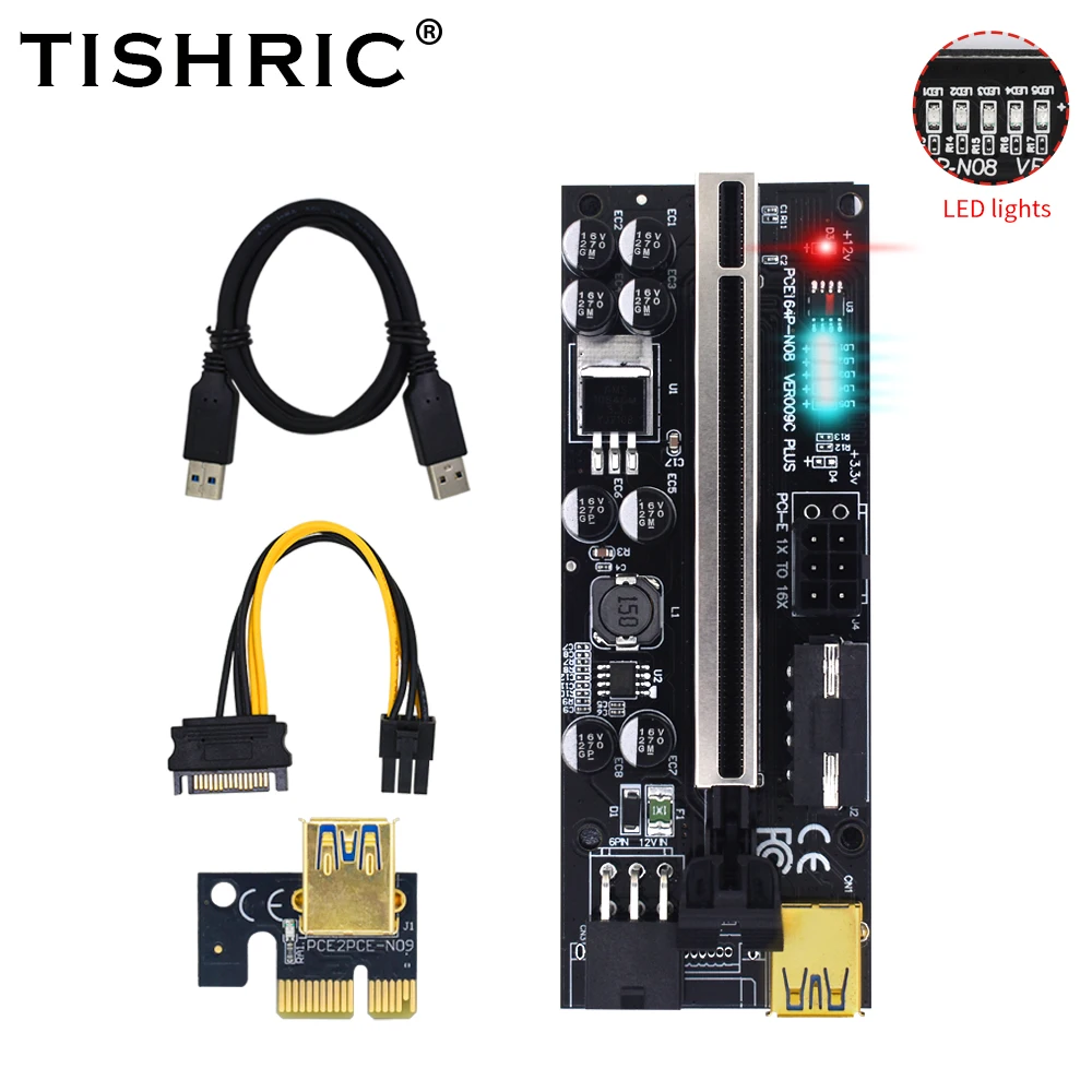 10 светодиодный т. TISHRIC 6 LED PCI-E Riser 009S PLUS VER009 USB3.0 Экспресс 1x 16x расширитель pcie адаптер