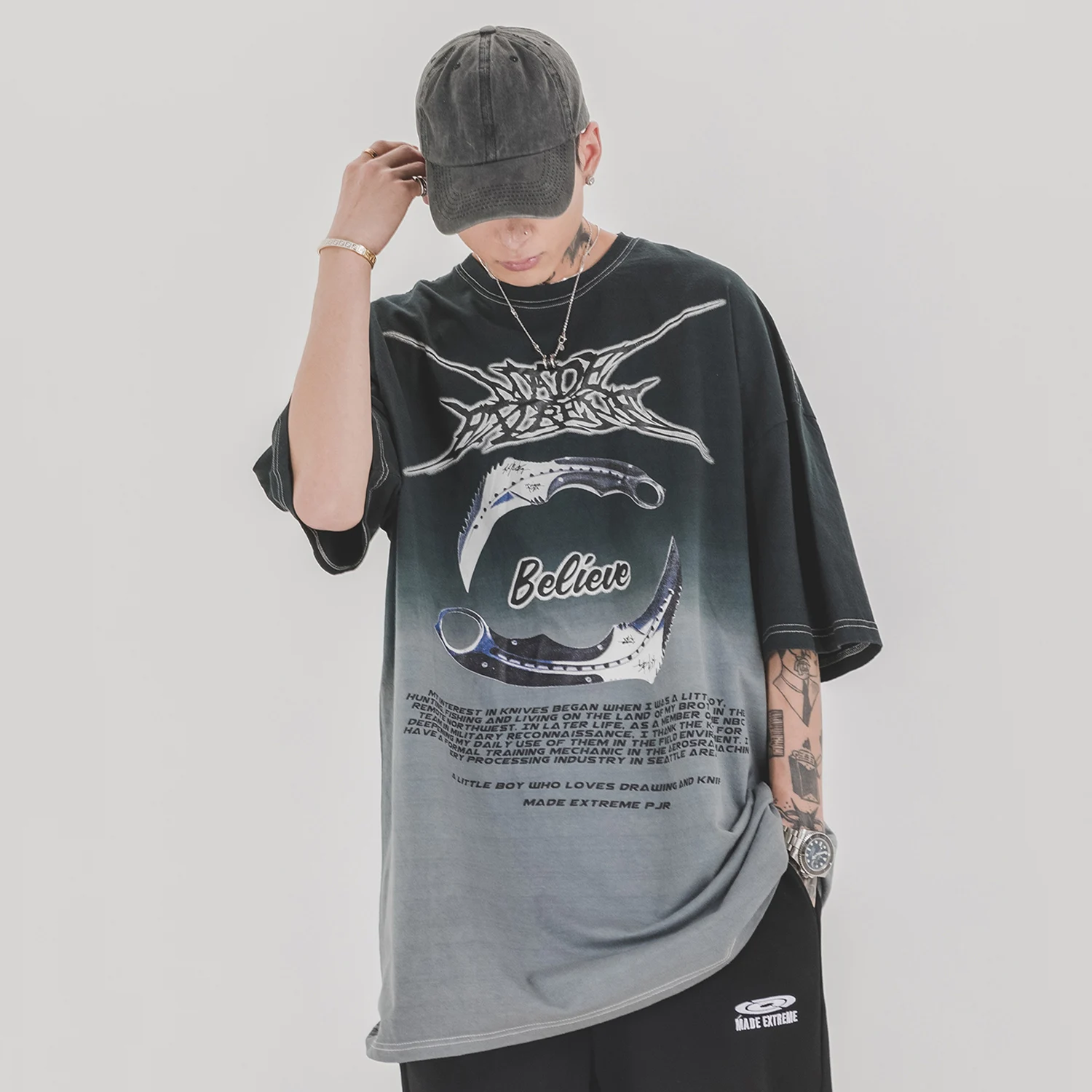 Aelfric Gradient Double Knife Printed T Shirt Women 2020 Loose Tops Harajuku Fashion Streetwear Casual Cotton Female Half Sleeve | Женская