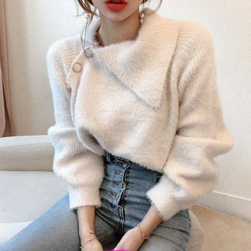 Свитер с неровной горловиной женская зимняя одежда вязаные свитера повседневные