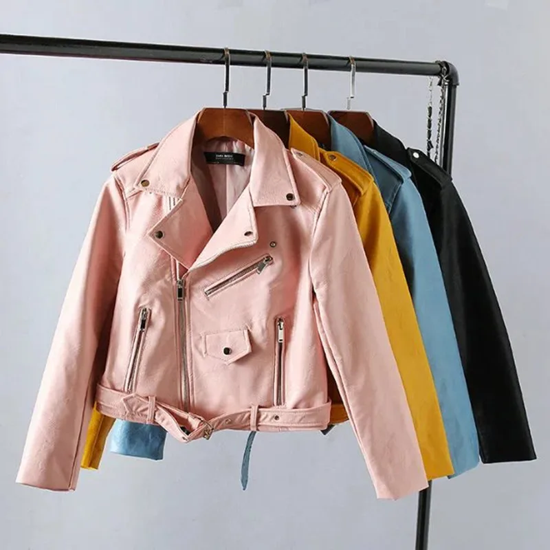 

Casaco Coats Top Slim V-neck Special Offer Pockets Sashes Zippers 2020 Spring Woman Leather Jacket Motorcycle Zipper Coat Girl