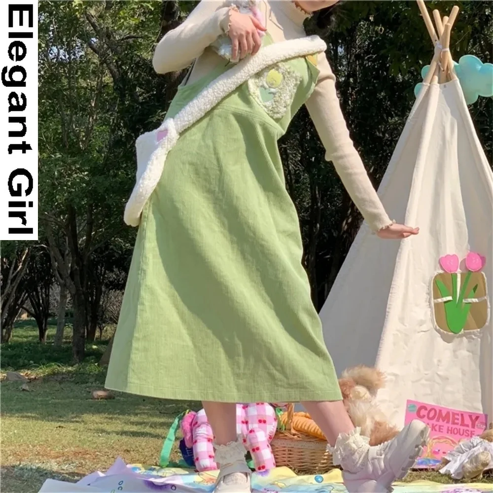 

Plus Size Harajuku Corduroy Embroidery Strap Dress Korean Style Loose Green Casual Wear Spring Autumn New Simple Design Clothing