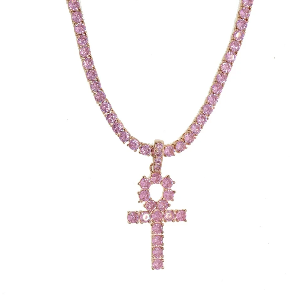 rose set 41cm Мода, льдом розовая теннисная цепь, ожерелье и крест, подвеска, побрякушка, Фигаро кристалл, цепь для мужчин и женщин, рок, хип-хоп, панк украшения - Окраска металла: rose set 41cm