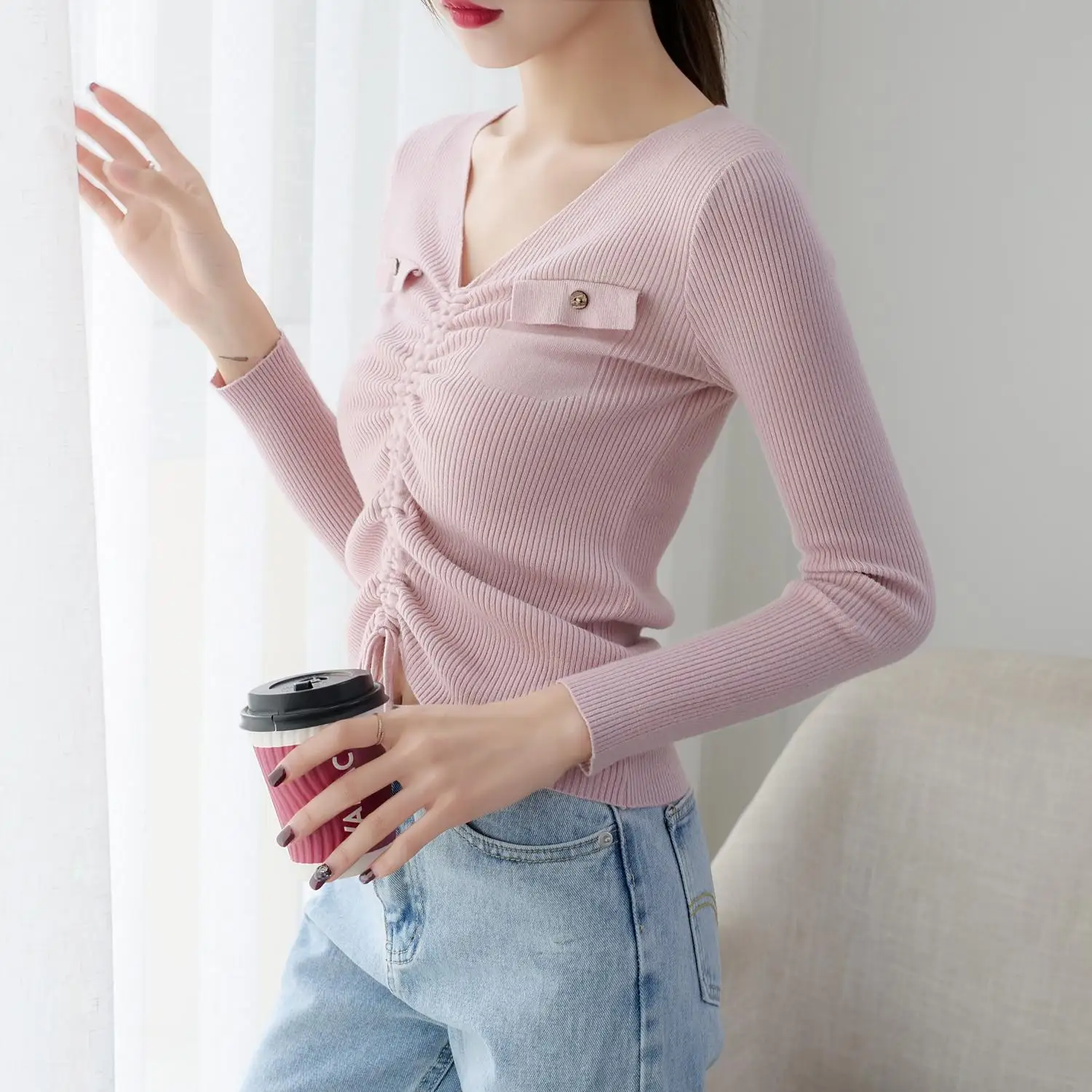 ladies sweater women autumn winter tops clothes trui dames 2019 knitted pullover knitwear draw string bow sweaters female F0933 | Женская