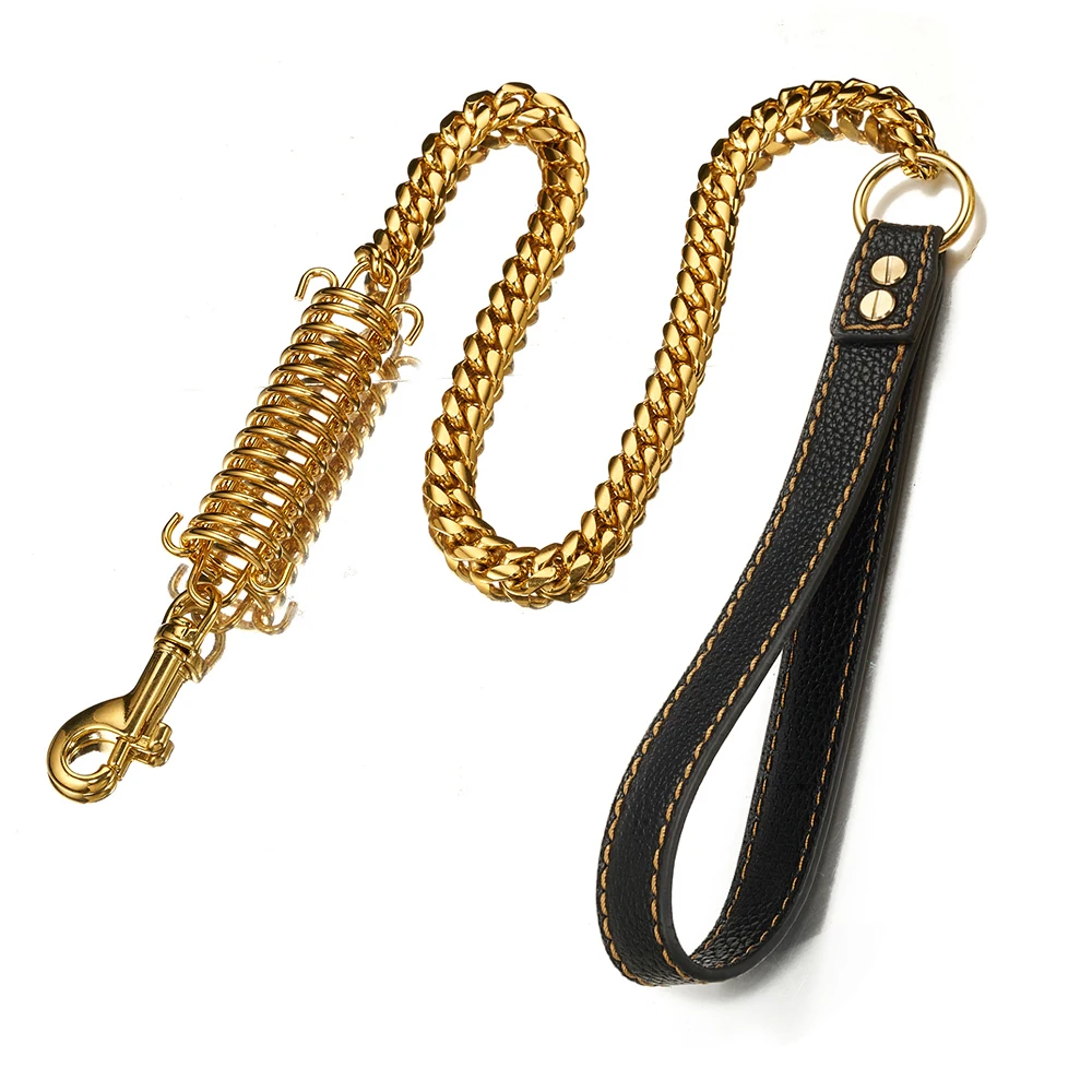 

1FT-4FT New Cuban Curb Chain Stainless Steel Gold Dog Safety Leash Buffer Spring Labor-Saving Genuine Leather Handle Dog's Leash