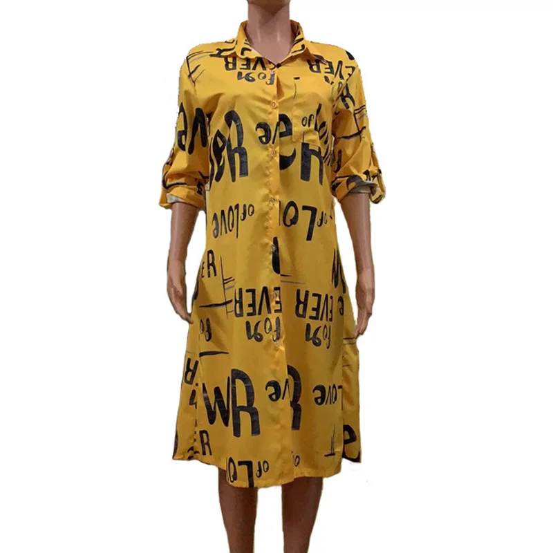 

Women Summer Long Sleeve Shirt Dress 2021 Streetwear Office letters Print Casual Dress Plus Size Loose Midi Party Dress