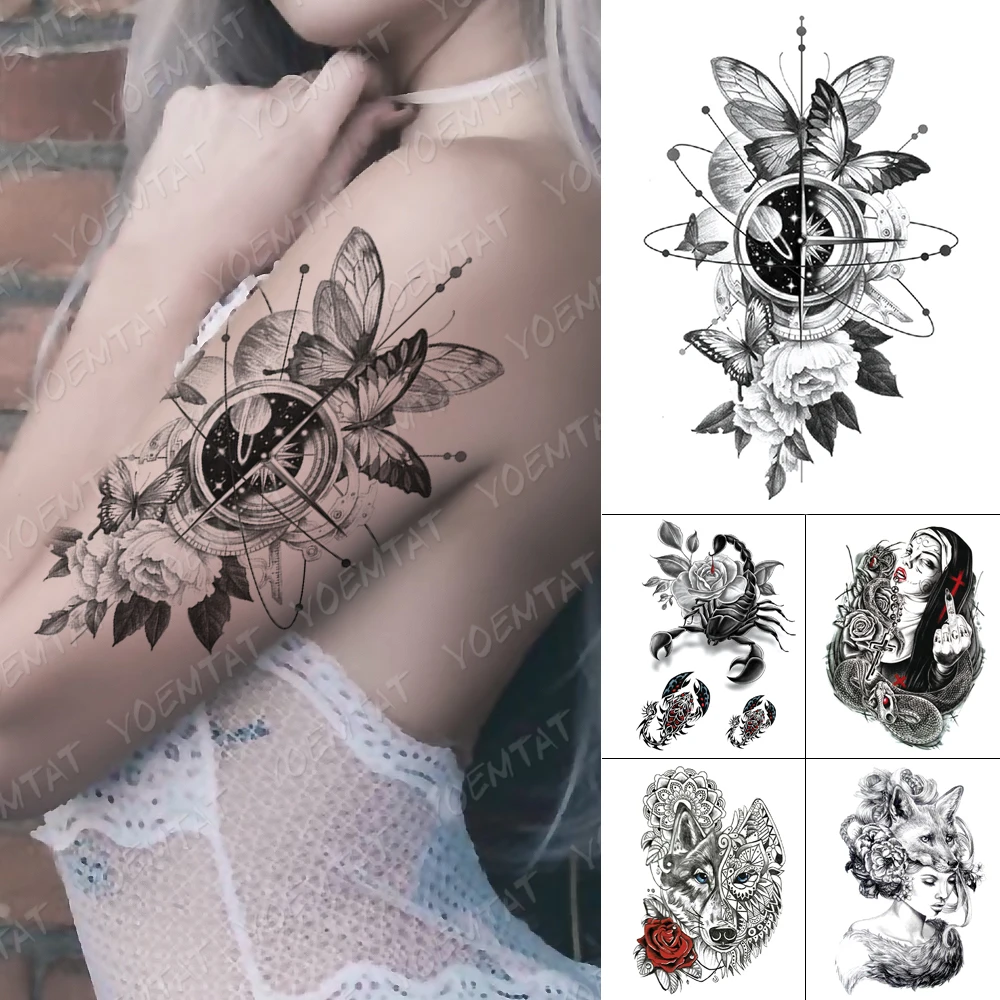 

Waterproof Temporary Tattoo Sticker Butterfly Universe Planet Flash Tattoos Scorpion Wolf Gun Body Art Arm Fake Tatoo Women Men