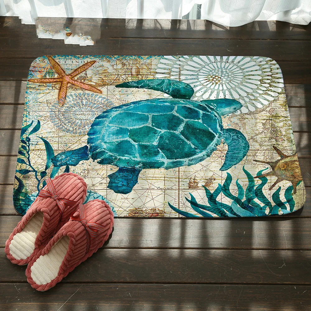 

Marine Style Door Mat Floor Carpet for Living Room Sea Turtle Pattern Coral Fleece Rug Anti-Slip Doormat Home Decor