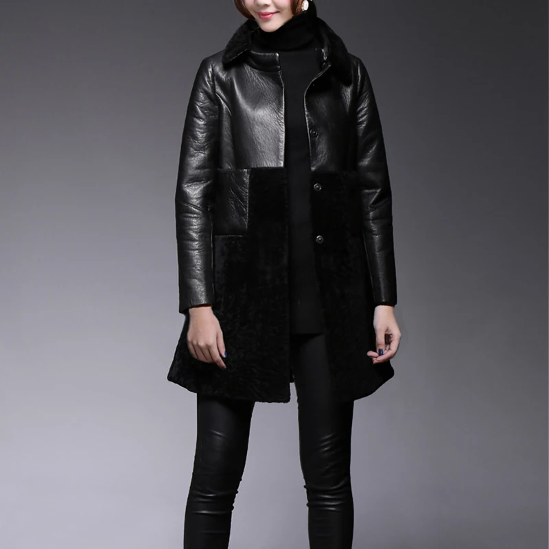 Warm Leather Clothing Ladies' Autumn Winter Medium Length Berber Fleece Splicing Genuine Leather Jacket Women Coat Outerwear