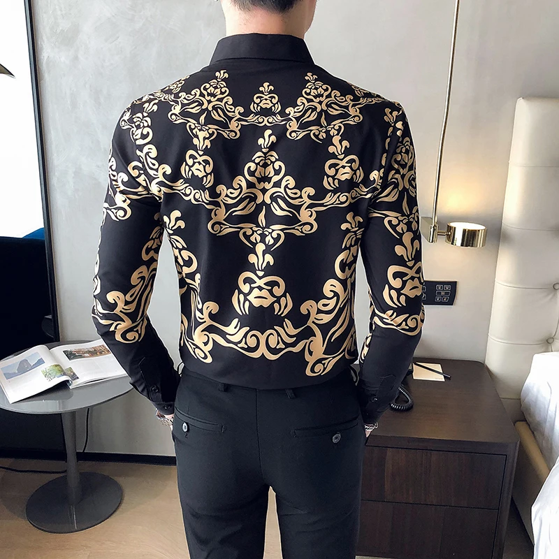 Мужская приталенная рубашка в стиле барокко черная или белая Повседневная с