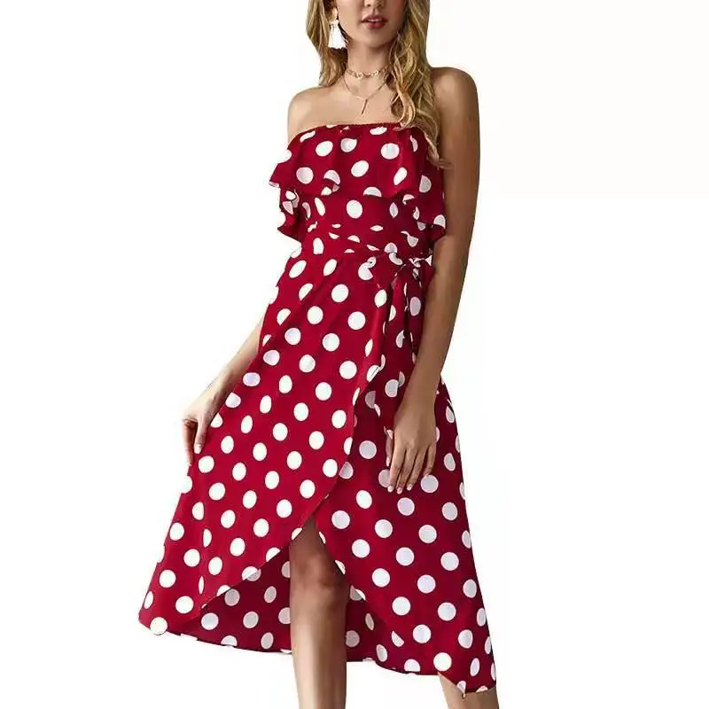 

Elegant party ladies dress slim fit V-neck polka dot wrapped chest ruffle skirt fashionable sexy 2021 casual ladies