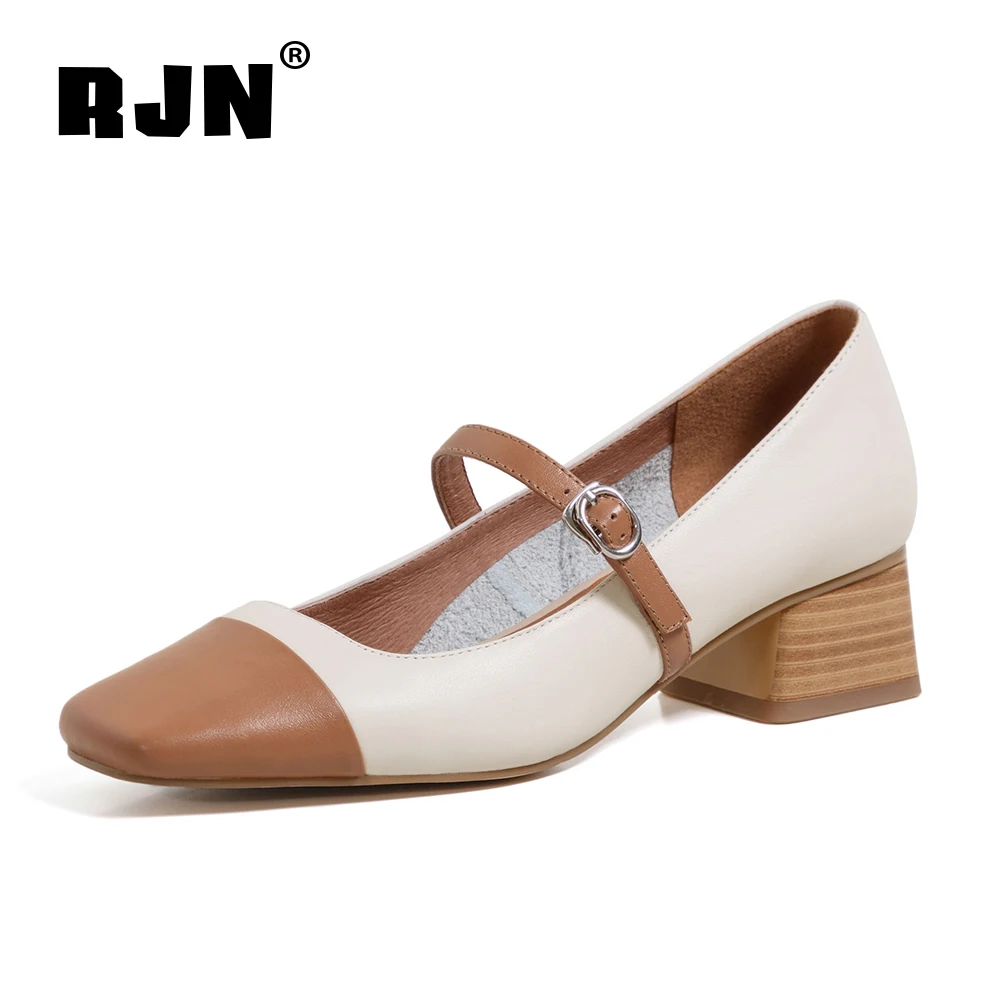 

RJN Fashion Casual Square Toe Women's Pumps Thick Heel Buckle Strap Mixed Colors Ladies Shoes Handmade Cow Leather Shoes RO783