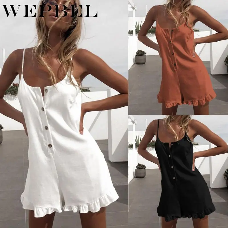 

Cute Ruffle Sling Beach Romper Overalls Ladies Casual Cotton Strap Jumpsuit Womens Summer Shorts