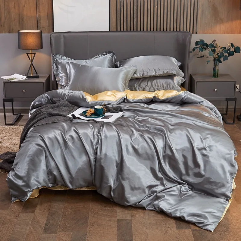 

Luxury Artificial Silk Satin Bedding Set Solid 3pcs Duvet Cover Set Pillowcases Single Double King Size 220x240 Fitted Bed Sheet