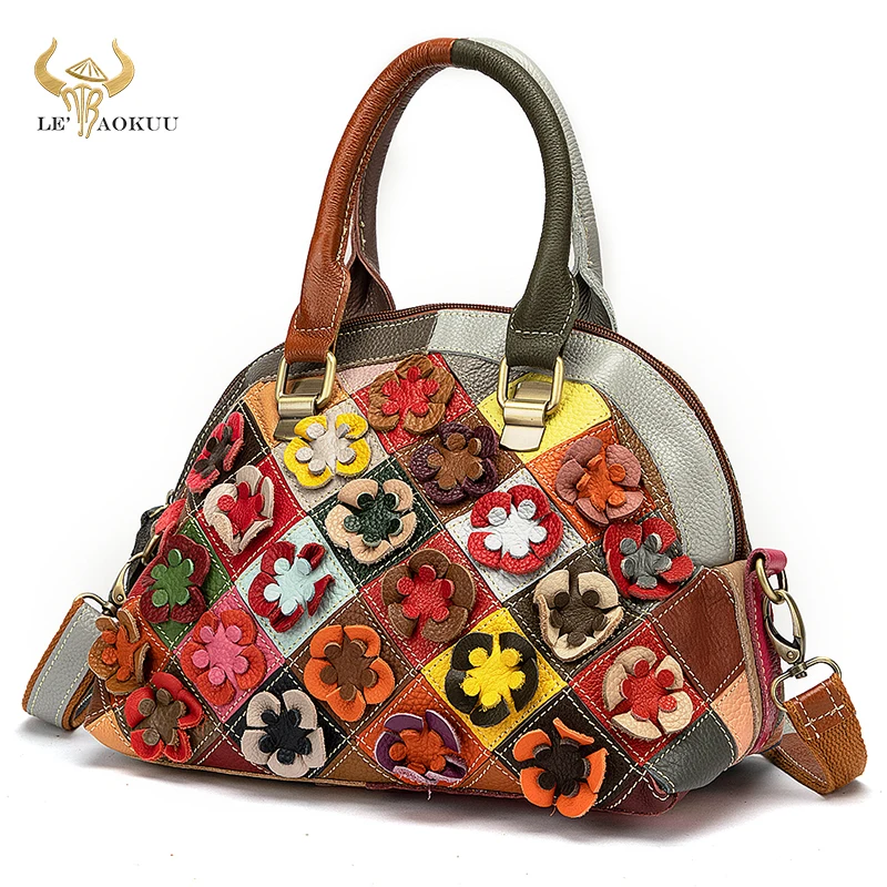 Multi-Color Natural Leather Luxury Brand Ladies Flower Fashion Shopper Handbag Shoulder bag Women Designer Female Tote bag 782