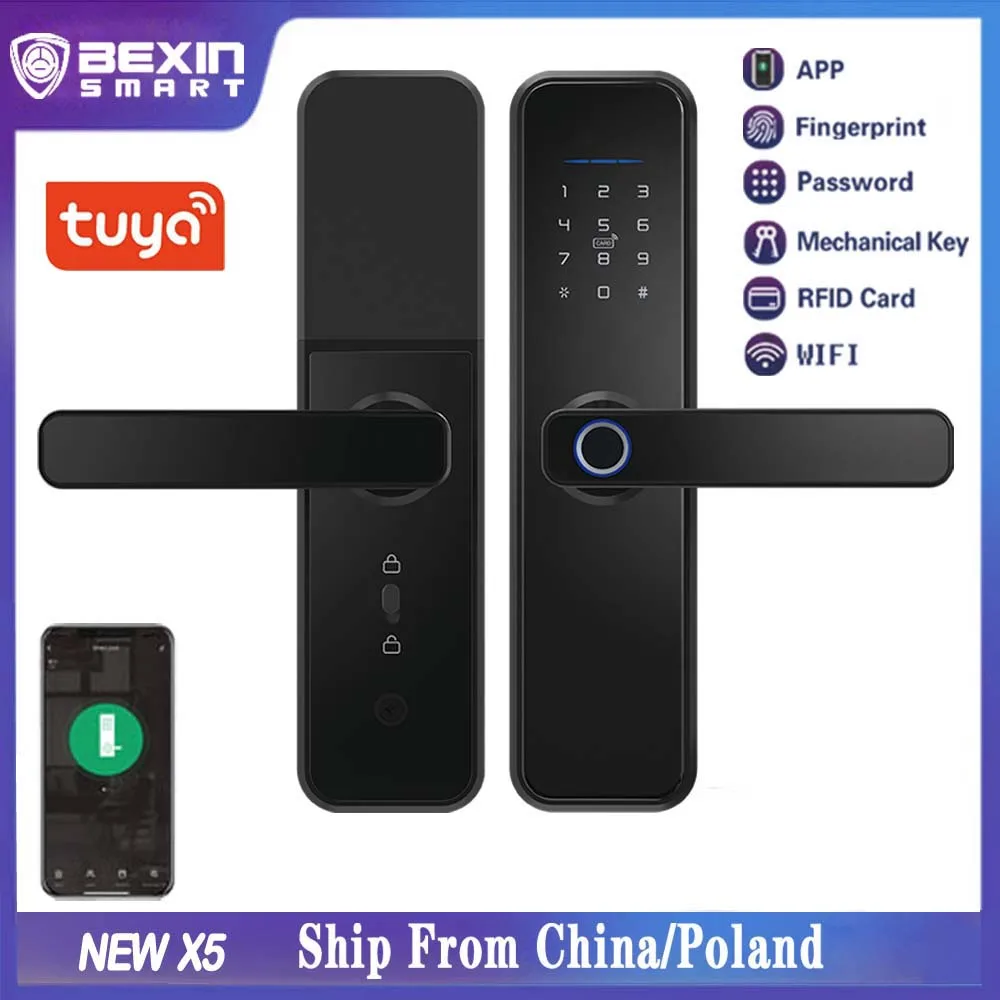 

Дверной смарт-замок Tuya X5 с Wi-Fi, Умный Замок с Биометрическим распознаванием отпечатков пальцев, управление через приложение