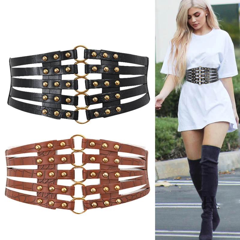 

Luxury brand feminine charm belt metal buckle statement belt ladies fashion rivet wide waist elastic PU belt