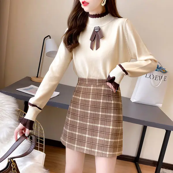 

Woman High Quality Elegant Skirt Suit Female Fashion Tweed Two Piece Set Ladies Top and Mini Skirt Set Two Piece Outfits Q238