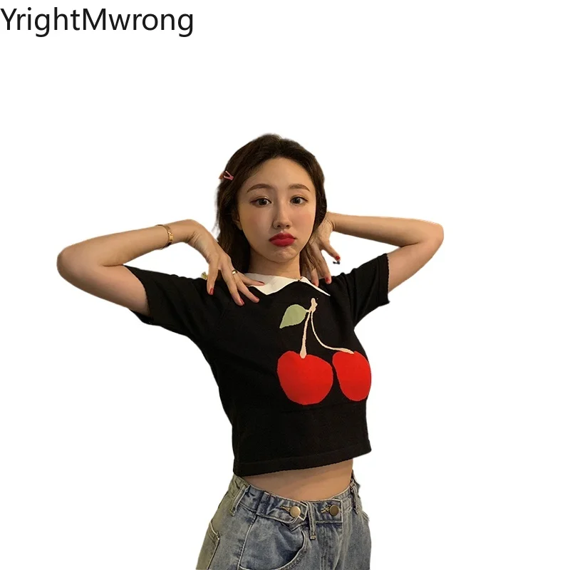 Контраст отложной воротник милая вишневого цвета вязанный Топ женское