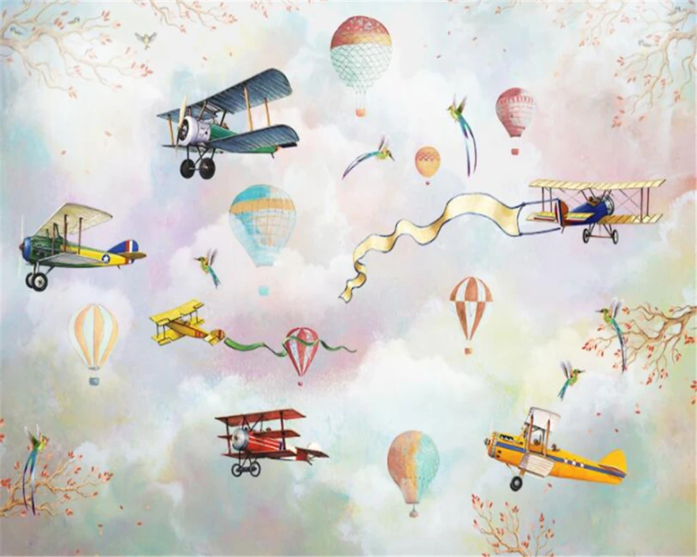 

beibehang Customized cartoon animal hot air balloon airplane children's room background decoration pattern wallpaper paper