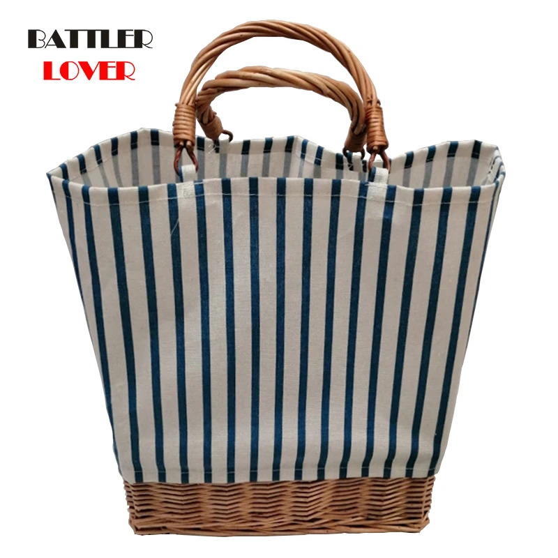 

Rattan Woven Handbag For Women 2021 Striped Plaid Canvas Stitching Straw Bag Large Tote Female Shopper Bohemian Summer Beach Bag
