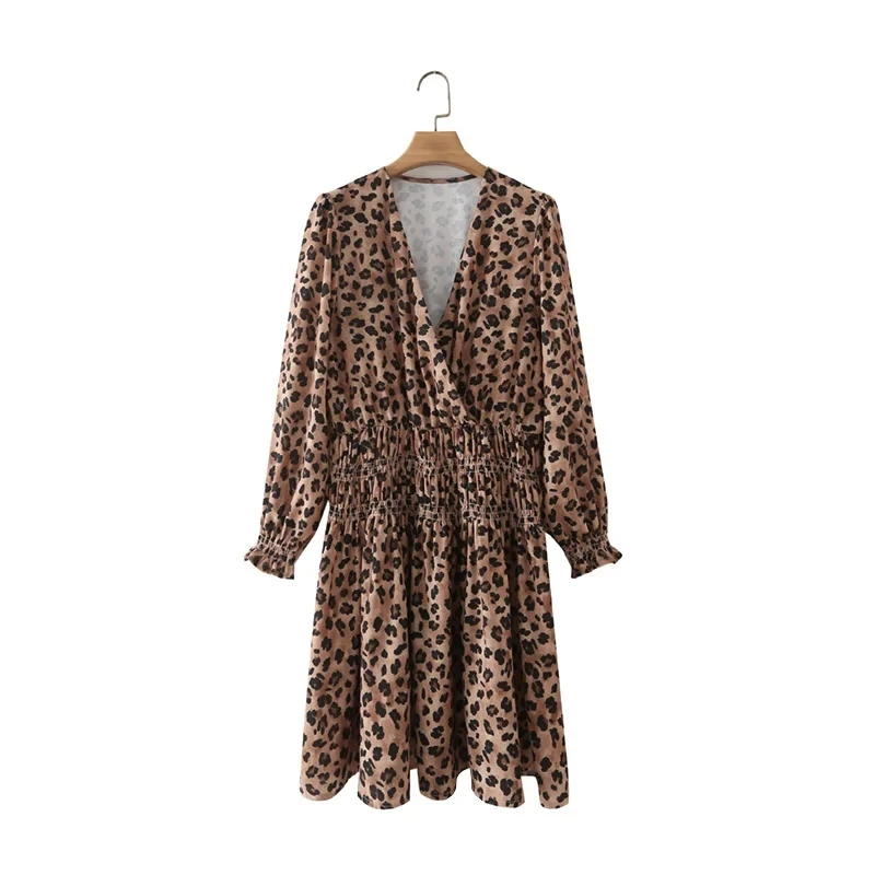 

Hot Sale Women Leopard Print Elastic Waist Mini Dress Female Nine Quarter Sleeve Clothes Casual Lady Loose Vestido D8513