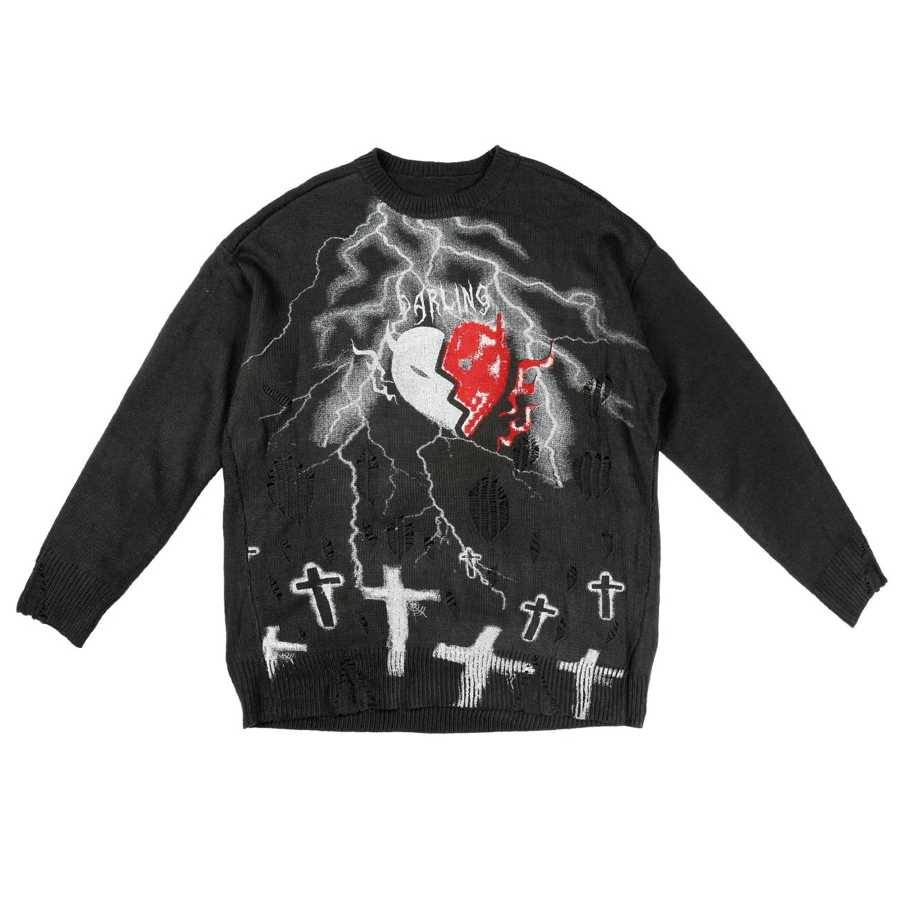 

11 BYBB'S DARK Harajuku Lightning Love Demon Men Knitted Sweater Retro Ripped Hip Hop Pullover Streetwear Sweater Oversize Loose