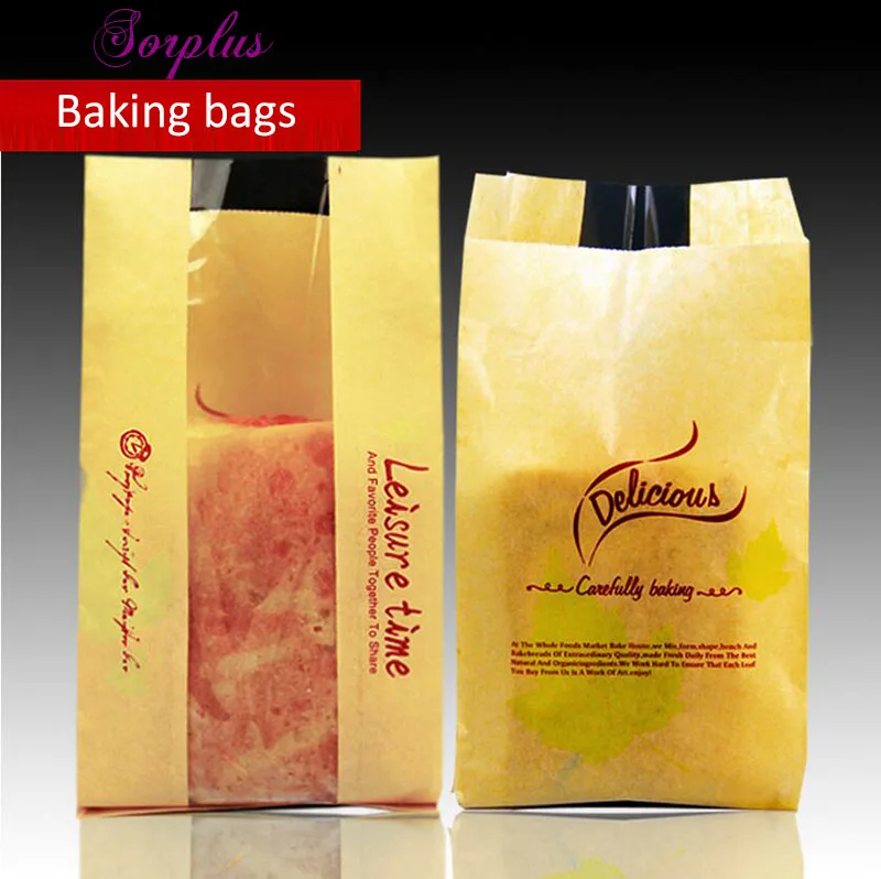 100pcs 12*23.5cm Kraft Paper Toast bread Packaging Bags with Display Window ,Classic Baking Packaging bags