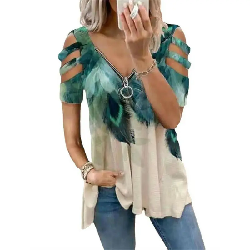 

Cofekate Women T-shirt V-Neck Zipper Short Sleeve Hollow Out T-Shirt Casual Tops Loose Fit Summer Tops Large Size Tshirts