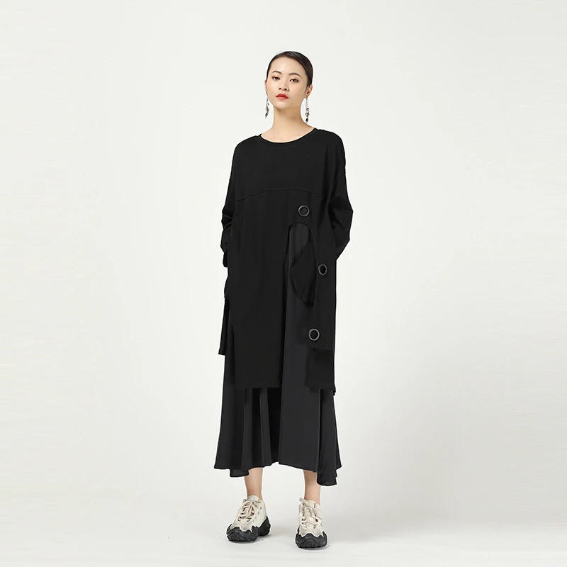 CHICEVER Korean Patchwork Hollow Out Women's Dress O Neck Long Sleeve Oversize Loose Irregular Midi Female 2020 Fashion | Женская