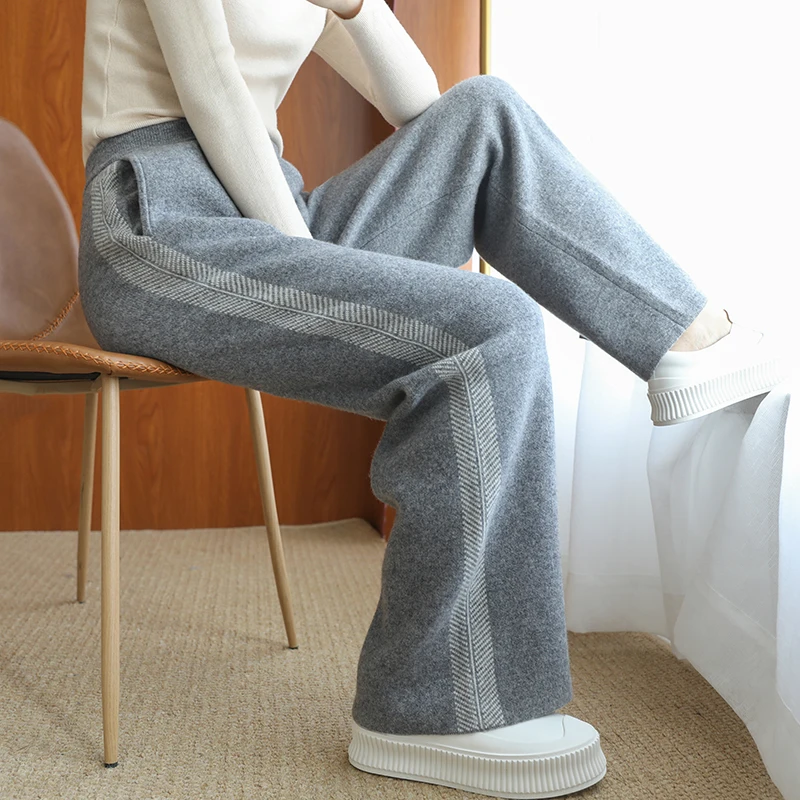 

2021 New Autumn Winter Women 100% Pure Wool Pants Soft Waxy Comfortable High-Waist Knitted Female Thicken Wide Leg Pants