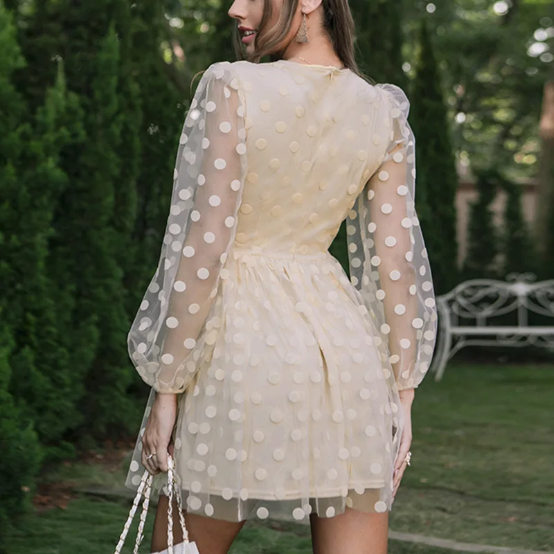 

See Through Polka Dot Print Tulle Long Sleeve Dress for Women Summer Mesh Party Dress Club V Neck A-line Mini Dress 2021 Girl