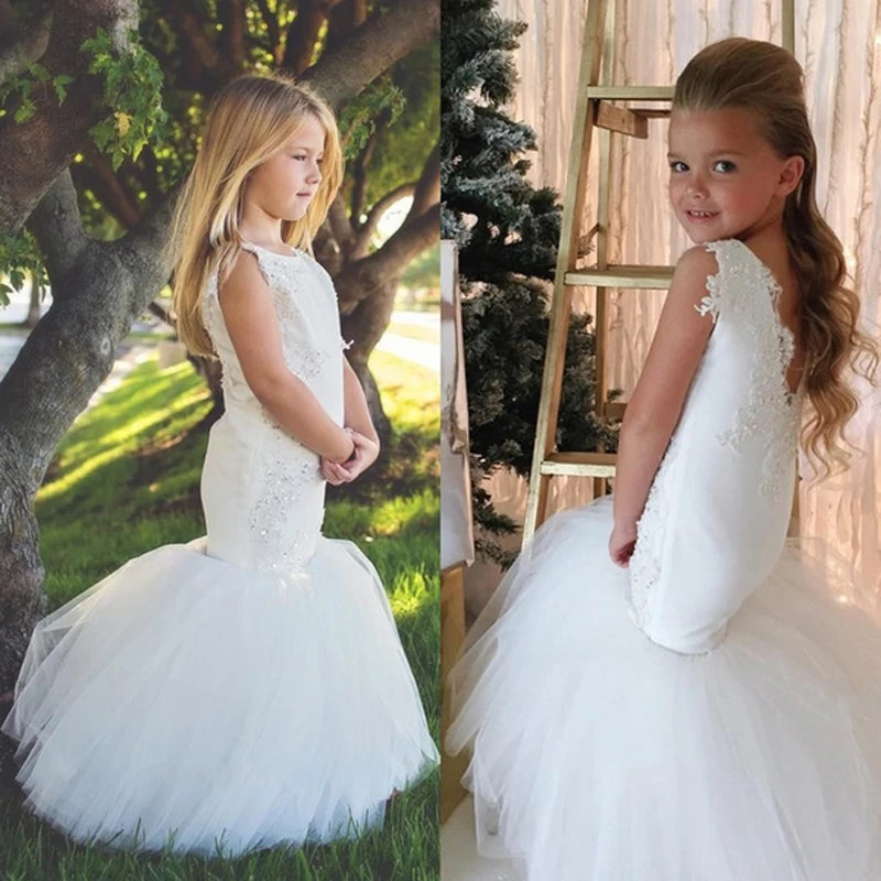 

White Mermaid Flower Girls Dresses for Wedding Party Trumpet Kids Little Girl Pageant Communion Dresses Cute robe fille mariage