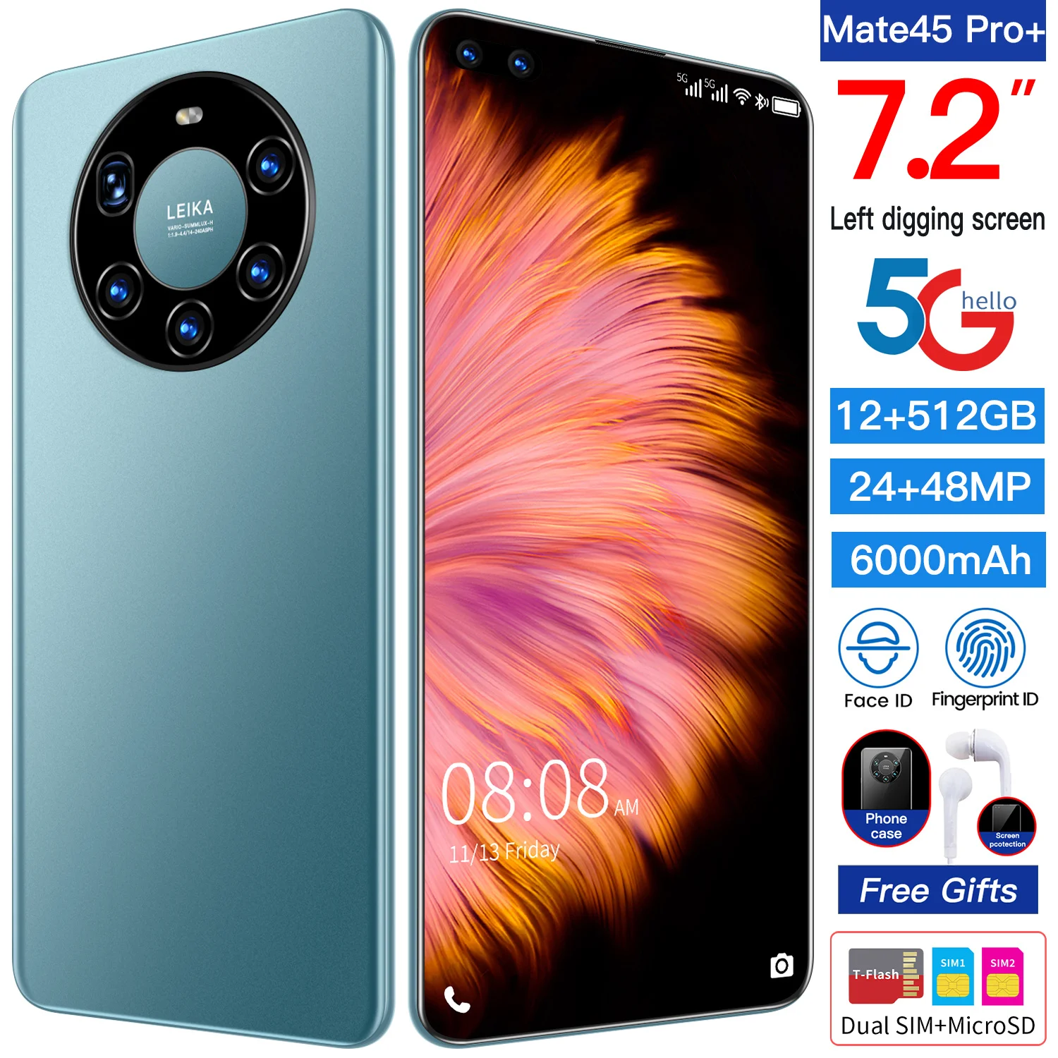 

Global Version 7.2 Inch Mate45 Pro+ Smartphone Android10.0 12GB+512GB 6000mAh 24+48MP 10Core Unlocked Full Screen 5G Mobilephone