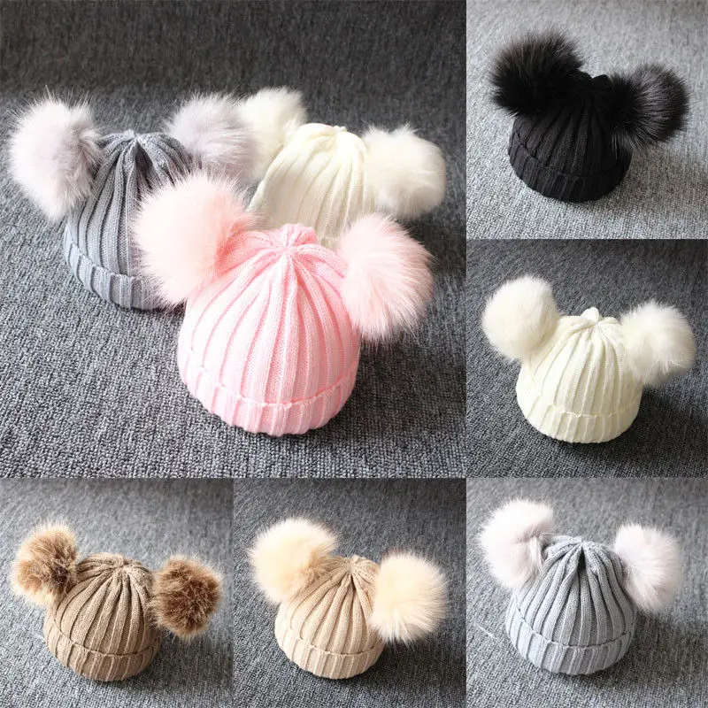 Baby Kids Girls Boys Winter Warm Knit Hat Furry Balls Pompom Solid Cute Lovely Beanie Cap Fur Pom Gifts | Детская одежда и обувь