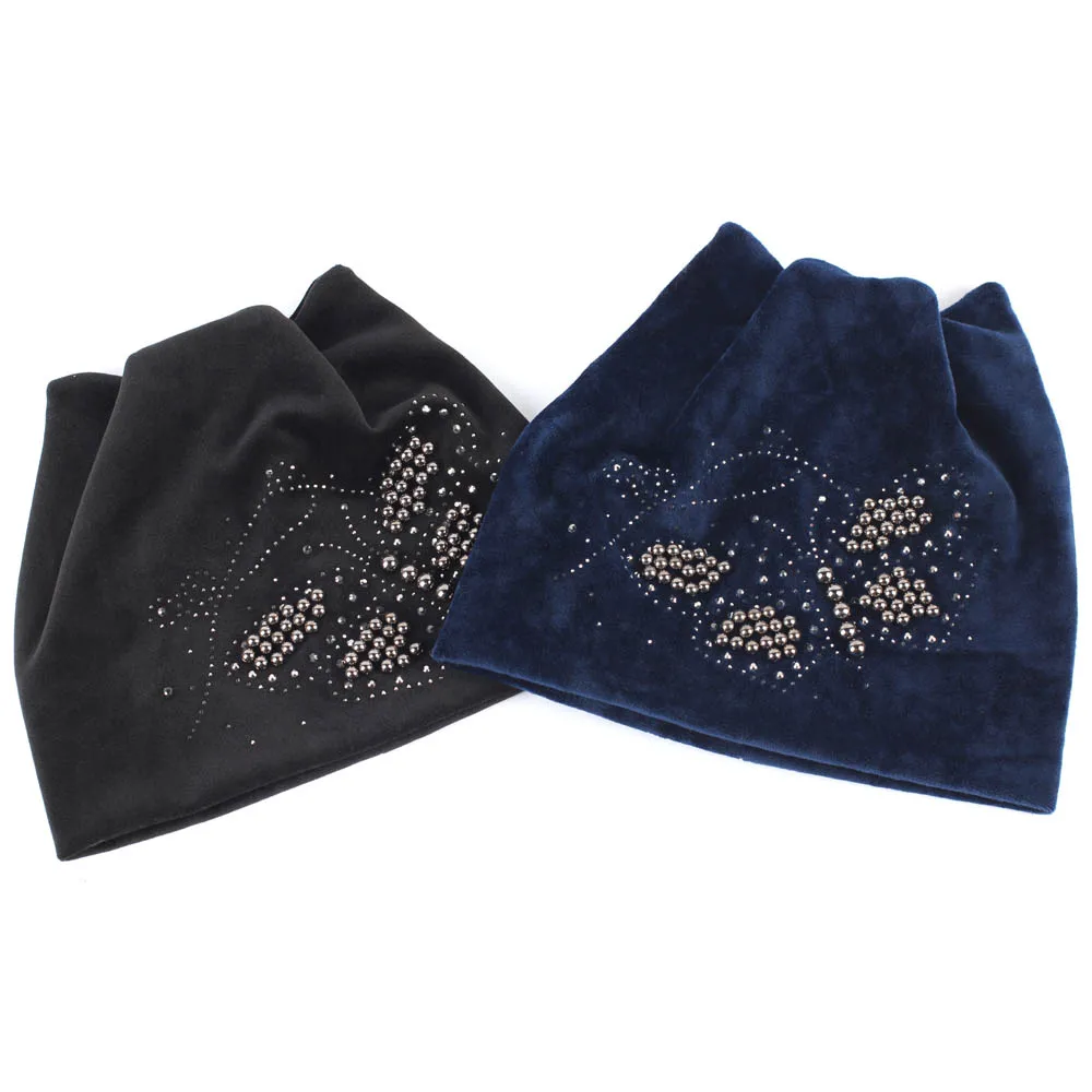 

Female Diy Pearl Rhinestones Butterfly Women Beanies Winter Velvet Warm Skullies Hats Girls Balaclava Solid Color Cap Bonnet