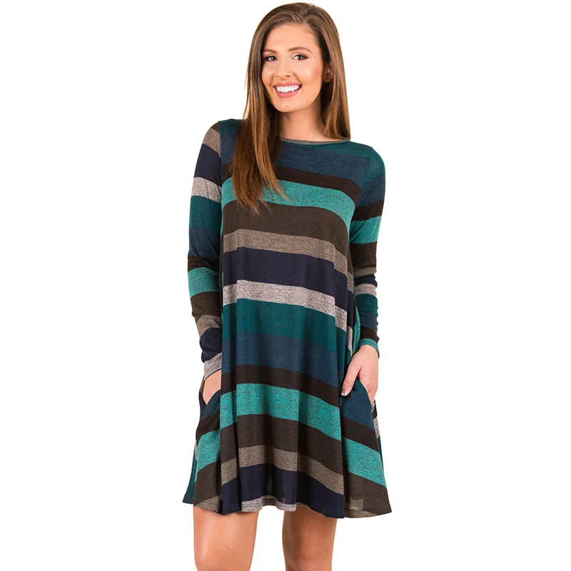 Модное женское осенне-зимнее платье с круглым вырезом и длинным рукавом в