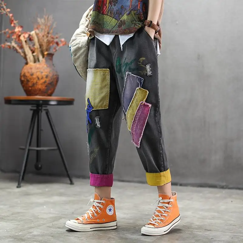 

New Light-Colored Cropped Jeans Vintage Patch Embroidered Casual High Waisted Curling Women's Pants Thin Denim Trousers