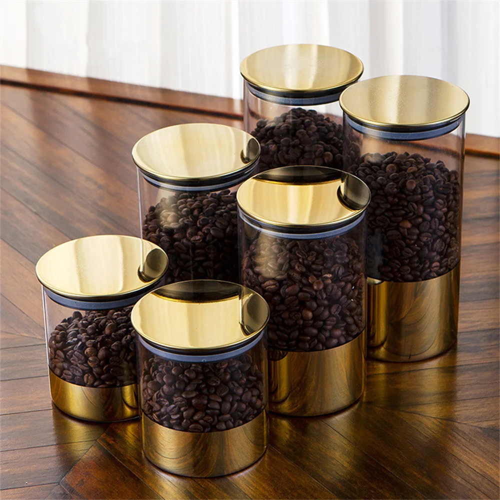 

3pcs Gold Kitchen Sugar Container Tray Set Home Decoration Modern Glass Storage Jar Candy Snacks Jars Cereal Dispenser Can