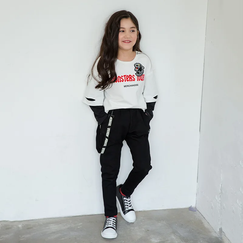

Spring Autumn Girls Sports Set Fake Two Pcs Tee +pant Kids T Shirt Suit Children Hip Hop Letter Print Teenagers Tracksuits CL436