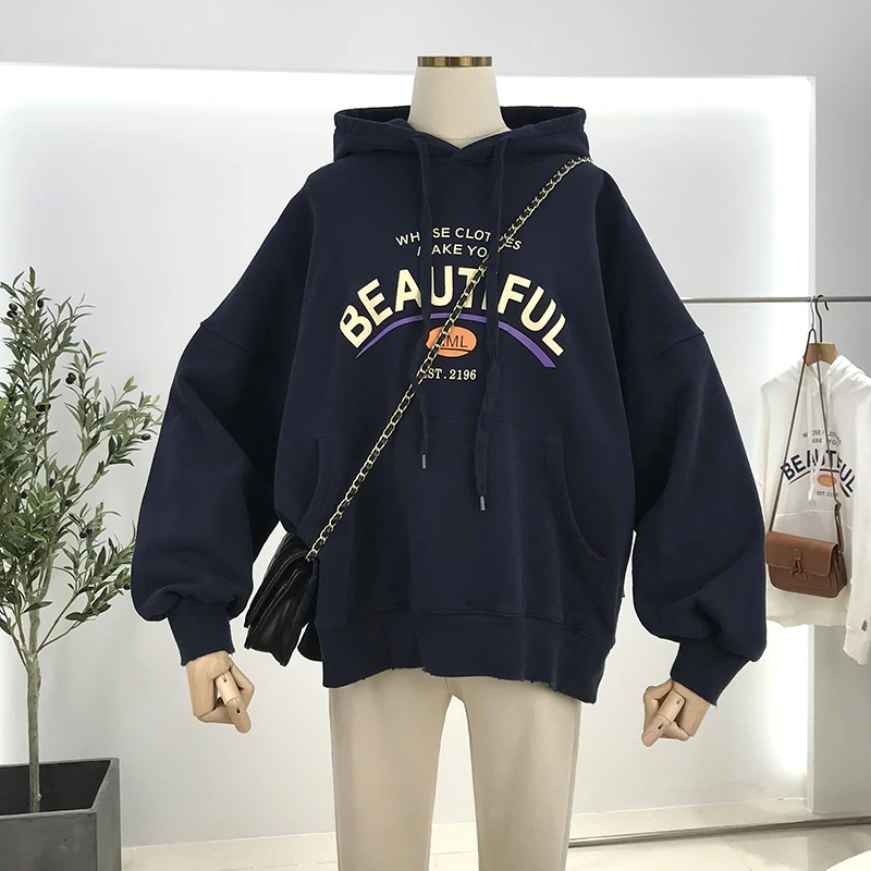 

2021 Spring Autumn New Korean Style Lady Top Large Size All-Match Letter Printing Hooded Sweatshirt Terry Cotton Fashion Hoodie