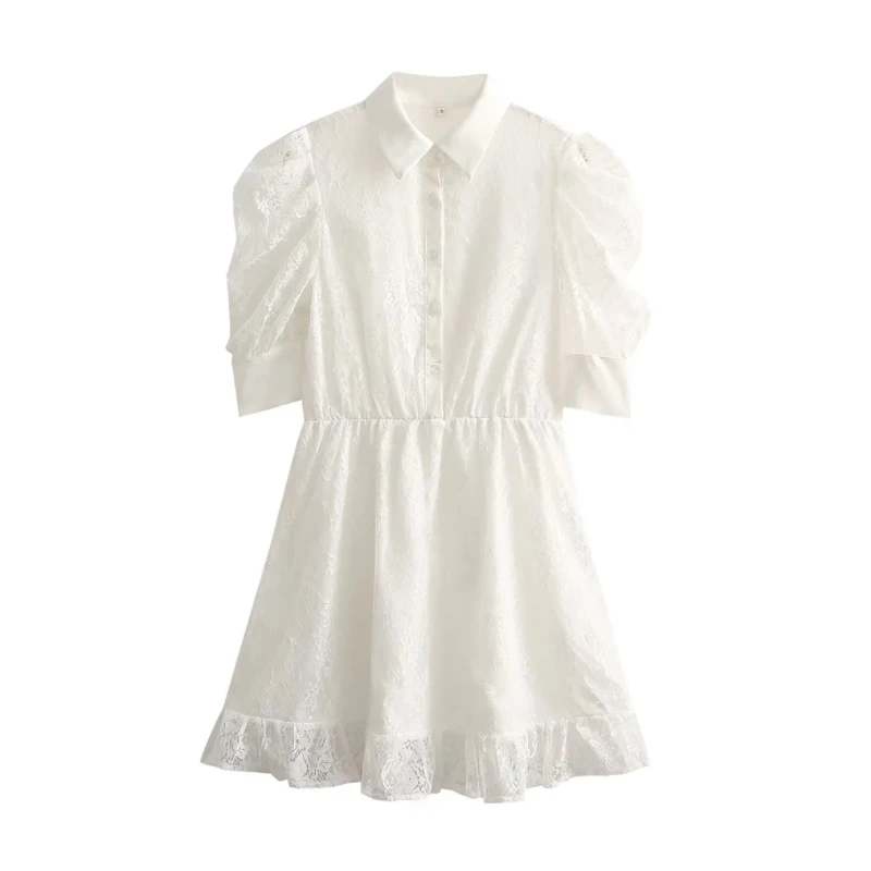 

Women White Lace Shirt Dress Female Puff Sleeve Clothes Casual Lady Loose Vestido D9138