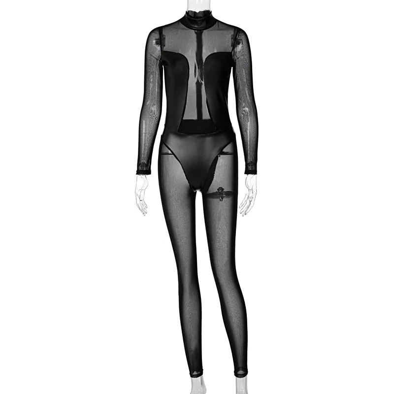 

2021 Patchwork Bodysuit Women Sexy Nightclub Long Sleeve Mesh Bodysuit One Piece Rompers 2020 Winter Women Bodycon Suit